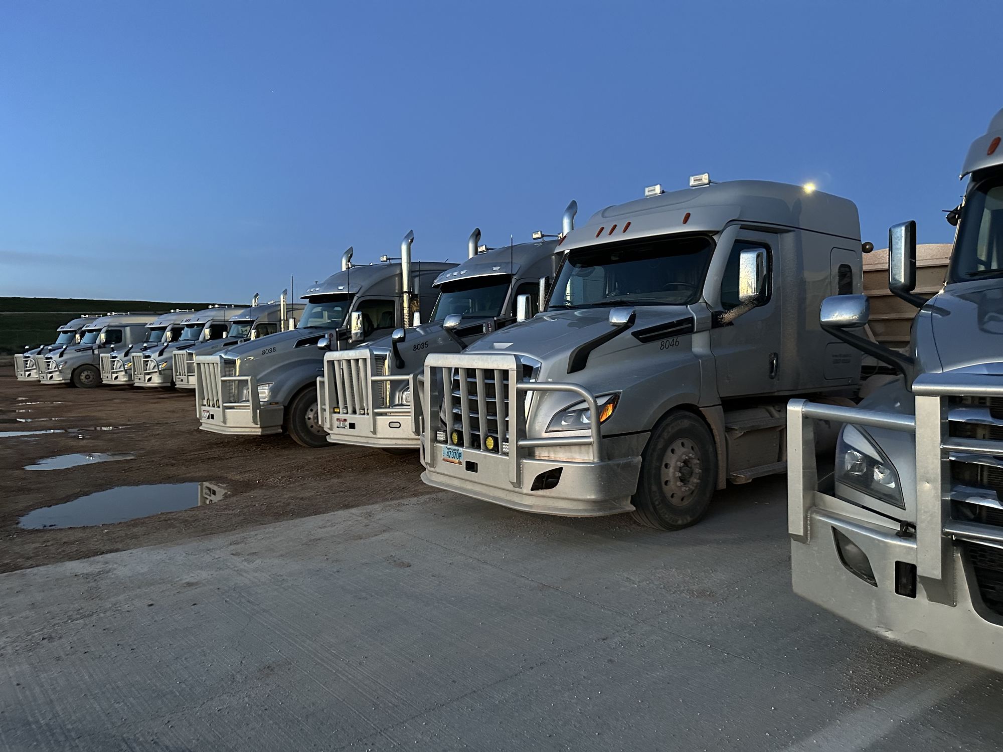 Row of parked trucks at dawn